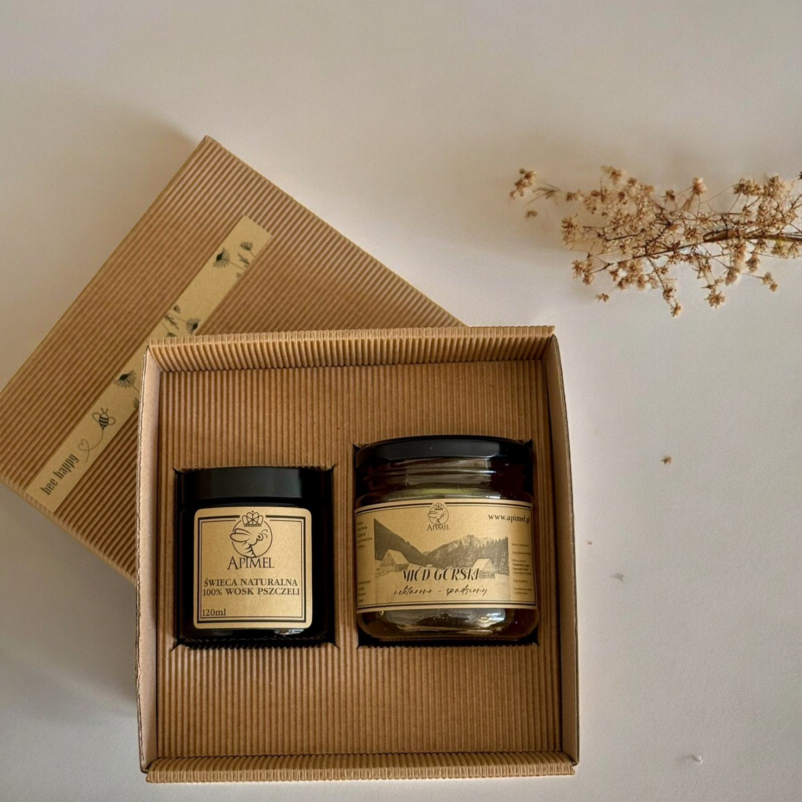 Zestaw prezentowy miód, świeca z wosku pszczelego Apimel