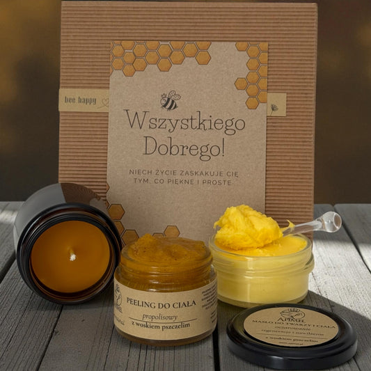 Zestaw prezentowy z kosmetykami naturalnymi Apimel świeca z wosku pszczelego peeling propolisowy masło do twarzy i ciała
